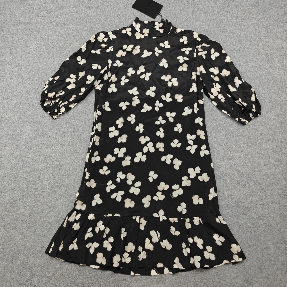 The Kooples Dress Womens 0 Black Naive Flowers High Neck 3/4 Puff Sleeve New